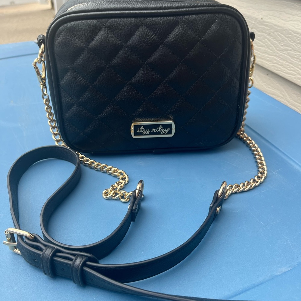 Itzy Ritzy Black and Gold Crossbody Bag with Quilted Design
